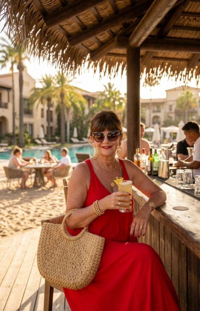 Rotes Sommerkleid mit Basttasche